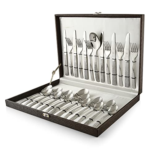 FnS - Stainless Steel, Madrid Style - Hammer Finish Cutlery Set with Leatherette Box, Pack of 26 Units, Silver Color – Includes Dinner Spoons, Forks, Tea Spoons, Knives, Serving Spoons - Image 1