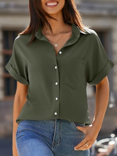 Beautife Womens Short Sleeve Shirts V Neck Collared Button Down Shirt Tops with Pockets (X-Large, Army Green) - Image 3