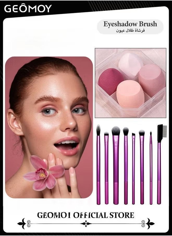 Geomoy 8pcs Professional Eye Makeup Brushes Eyeshadow Brush Set Premium Soft Synthetic Eyeshadow Blending Brush Kit with 4pcs Beauty Eggs Make Up Sponges - Image 1