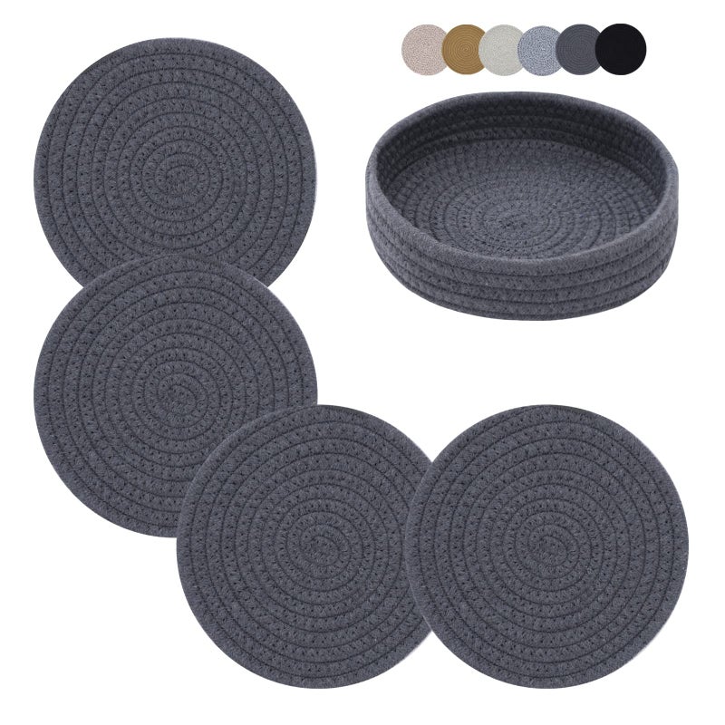 Coga Trivets for Dishes Pots and Pans 7 Inch Hot Pads 4 Pcs with Storage Basket for Countertops Cotton Table Protector Hot Mats Heat Resistant Grey