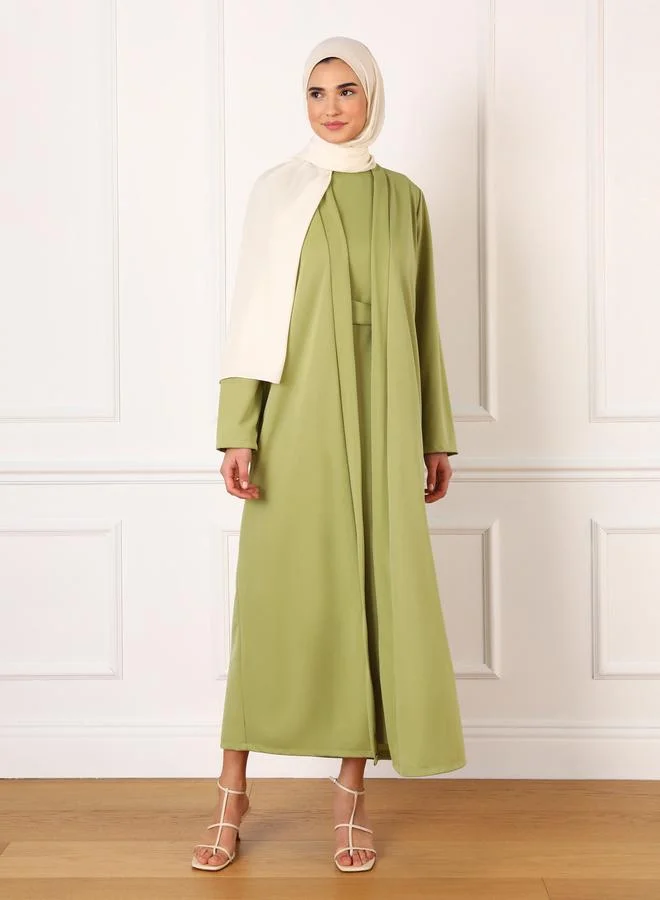 Refka by modanisa Refka by modanisa Olive Green Waist Tie Up Maxi Dress with Kimono Co-Ords