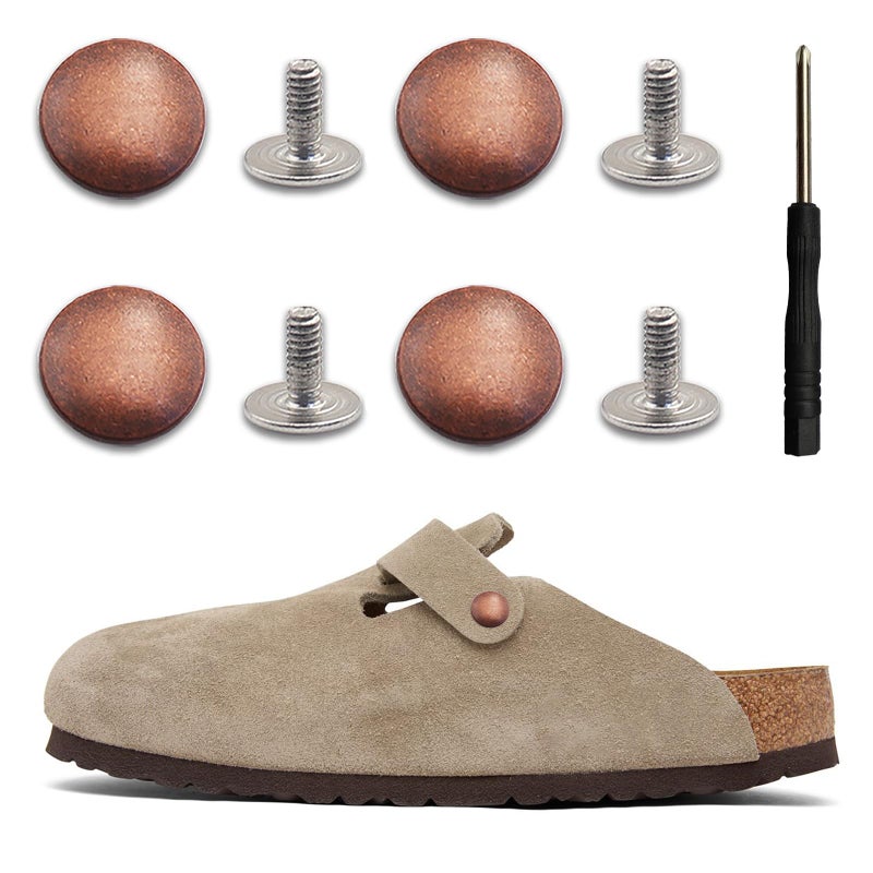 KOTESLLOE 4 Packs Replace Rivets for Suede Cork Clog Potato Shoes with Screw Driver, Replacement Rivets Button for Boston Clogs Shoes, Easy Installation Compatible with Footbed Clogs Repair Parts, Women Men - Image 1