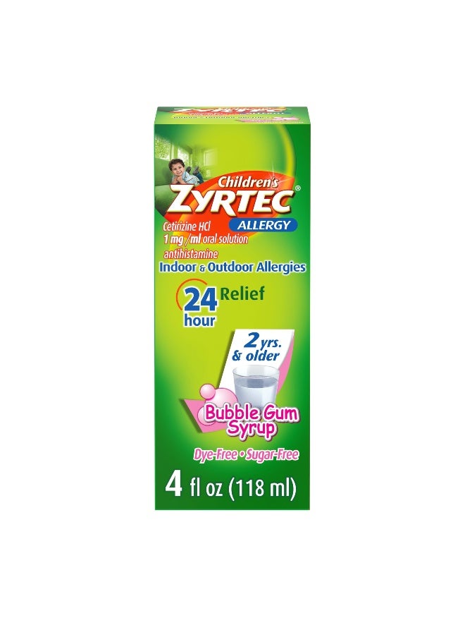 Zyrtec Childrens 24 Hour Allergy Relief Syrup 5 mg Cetirizine HCl Antihistamine Kids Allergy Medicine for Indoor Outdoor Allergy Relief DyeFree SugarFree Bubble Gum 4 fl oz - Image 1