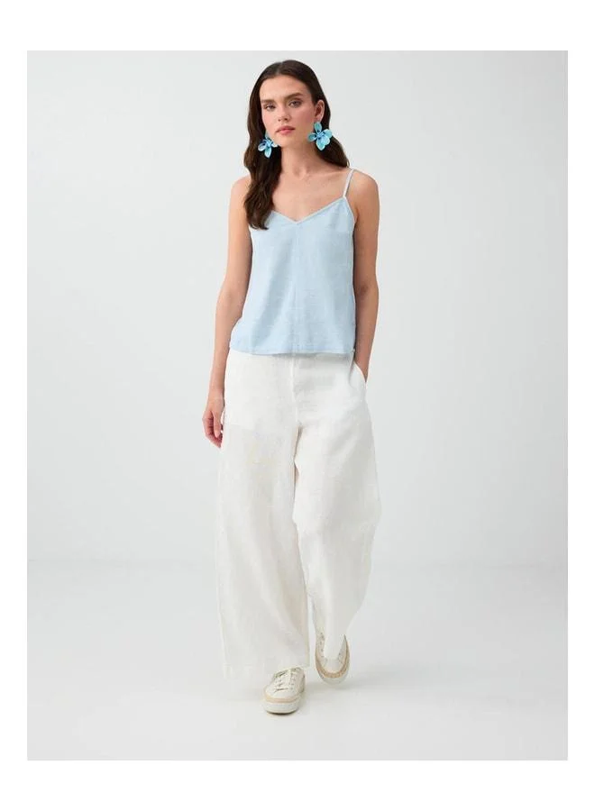 Jimmy Key Blue V-Neck Strappy Linen-Blend Woven Blouse.
