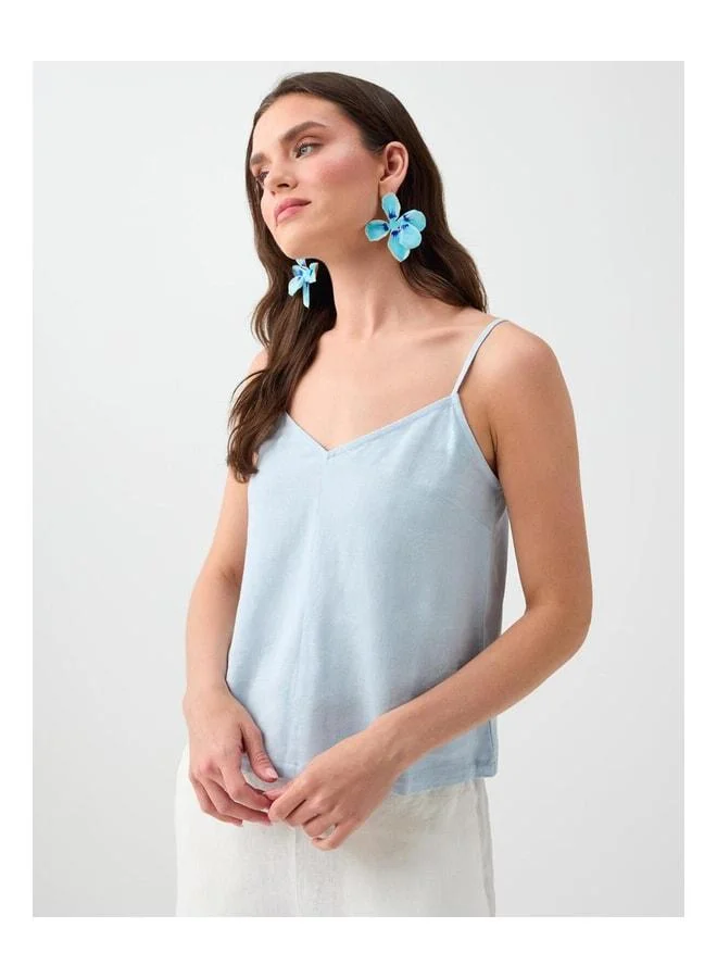 Jimmy Key Blue V-Neck Strappy Linen-Blend Woven Blouse.