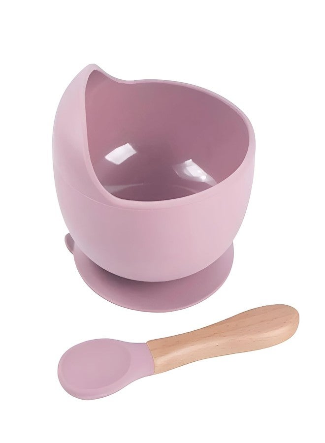 NOWFLY Silicone Suction Bowl & Wooden Spoon Set | BPA-Free, Baby Feeding Set | Non-Slip, Unbreakable, Microwave Safe | Ideal for Toddlers & Infants | Compact & Travel Friendly (Pink) - Image 1