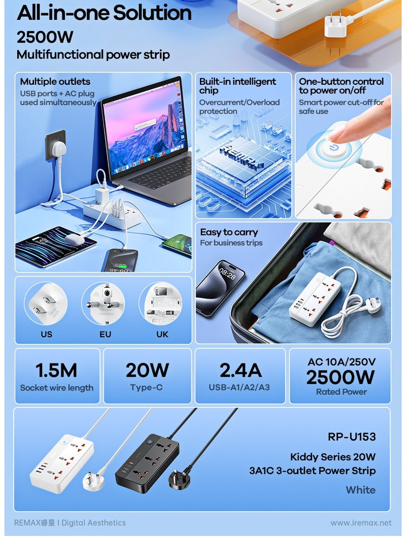 ريماكس مشترك كهرباء، منافذ تيار متردد وشحن سريع، سلك تمديد عالمي للسفر مع منافذ، حماية من التحميل الزائد، كابل، للمنزل والمكتب - Image 2