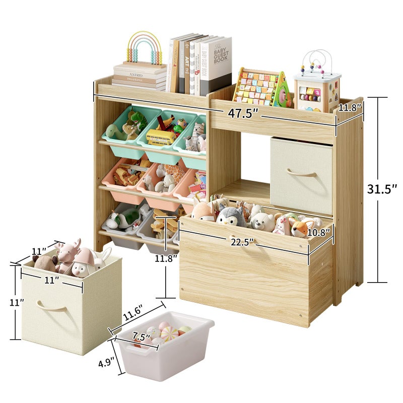 EXPERLAM Toy Storage Organizer for Kids, 9-Bin Toy Organizer with 2-Drawers,Movable Toy Chest and Top Rack, Kids Bookshelf and Toy Storage for Playroom, Bedroom, Nursery, Multi-Color - Image 2