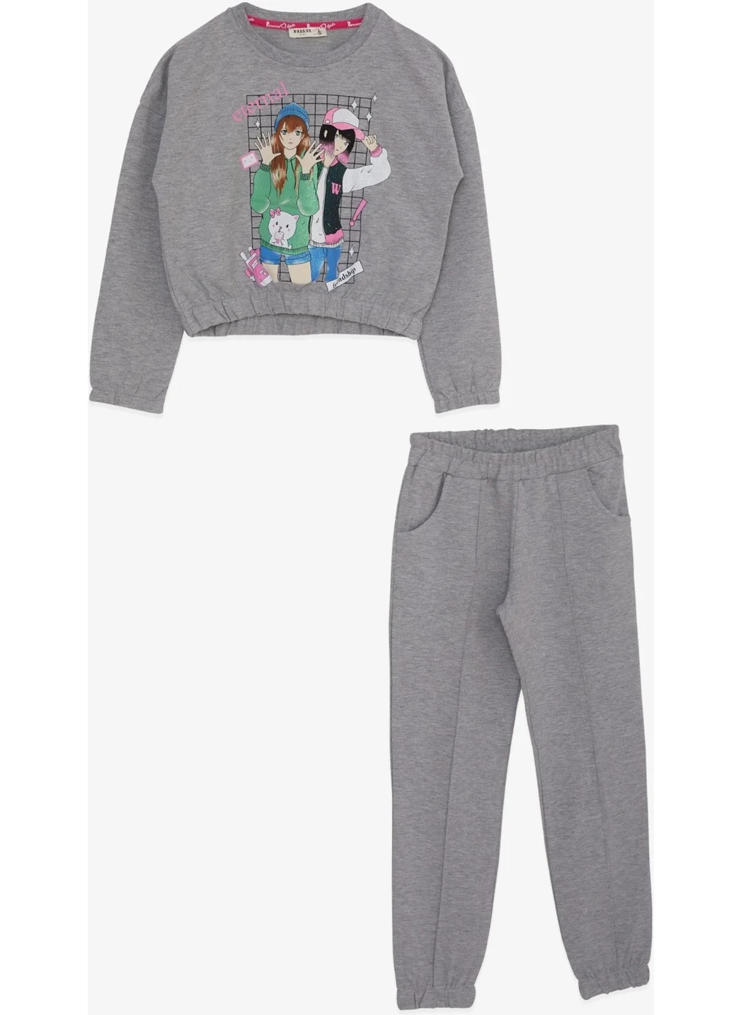 Breeze Girl's Tracksuit Set Glitter Girl Printed 8-12 Years, Gray Melange