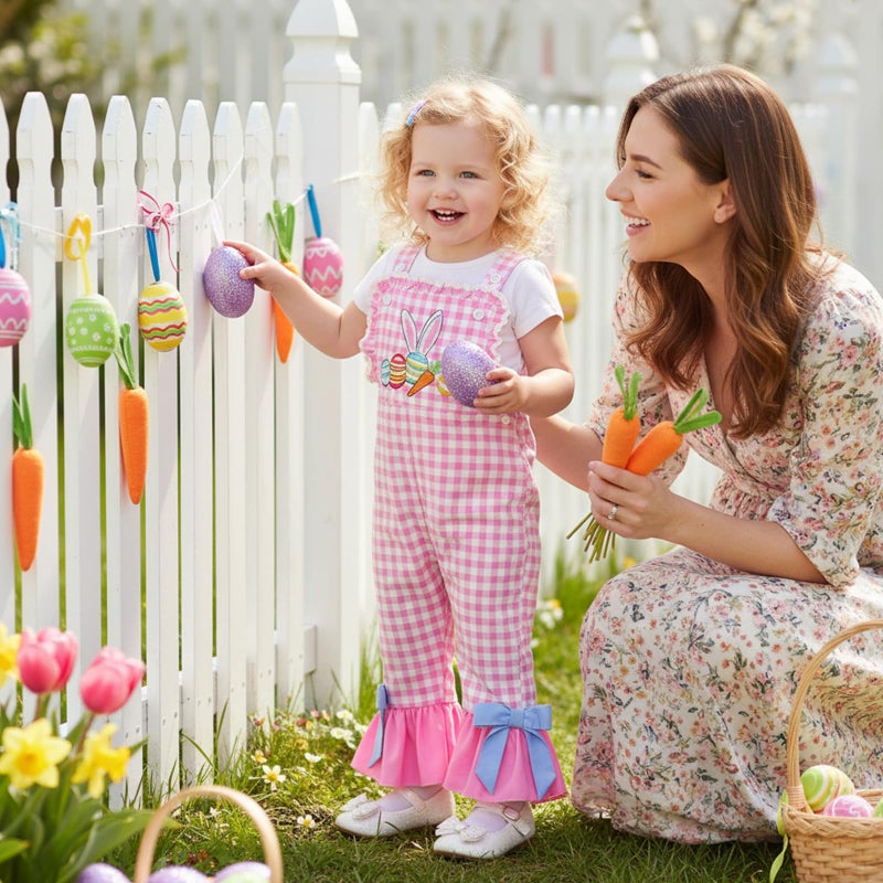 Mieeyali Toddler Baby Girl Easter Outfit Overalls Bunny Egg Romper Cute Smocked Gingham Bell Bottom Suspender Jumpsuit (Pink Egg, 2-3 Years) - Image 2