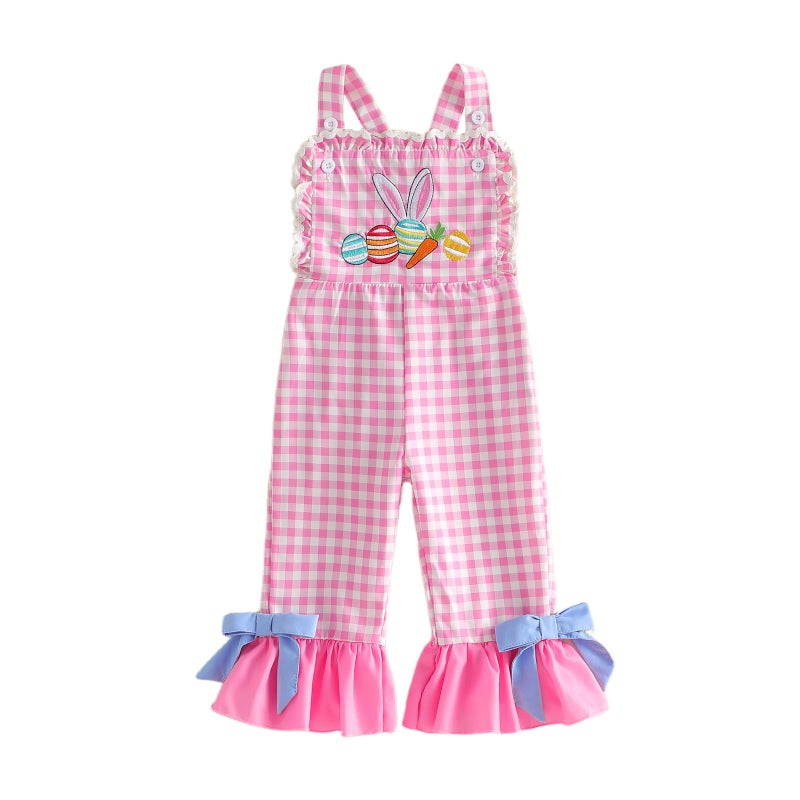 Mieeyali Toddler Baby Girl Easter Outfit Overalls Bunny Egg Romper Cute Smocked Gingham Bell Bottom Suspender Jumpsuit (Pink Egg, 2-3 Years) - Image 1