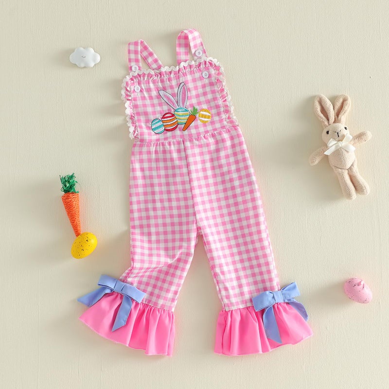 Mieeyali Toddler Baby Girl Easter Outfit Overalls Bunny Egg Romper Cute Smocked Gingham Bell Bottom Suspender Jumpsuit (Pink Egg, 2-3 Years) - Image 4