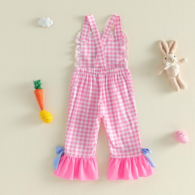 Mieeyali Toddler Baby Girl Easter Outfit Overalls Bunny Egg Romper Cute Smocked Gingham Bell Bottom Suspender Jumpsuit (Pink Egg, 2-3 Years) - Image 5