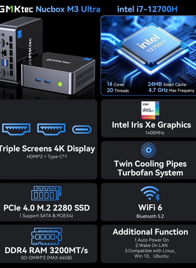 GMKtec M3 Ultra Mini PC with Intel Core i7 12700H (14C/20T 4.7 GHz), 16GB DDR4 RAM+512GB NVMe SSD, Mini Desktop Computer Iris XE Graphics, Triple 4K Display, WiFi 6, BT5.2, USB-C Black - Image 3