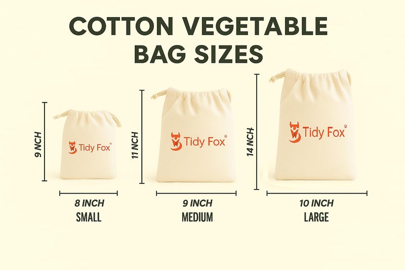 Tidy Fox Cotton Bags for Fridge Vegetable Storage / (Set of 6) / Drawstring, Washable & Eco-Friendly - Image 2