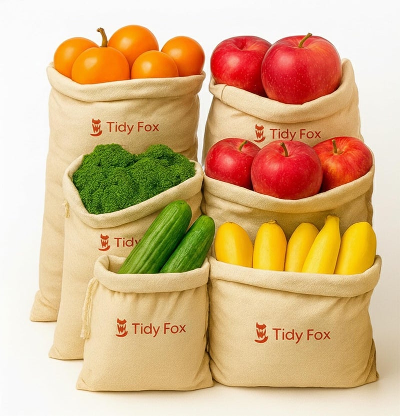 Tidy Fox Cotton Bags for Fridge Vegetable Storage / (Set of 6) / Drawstring, Washable & Eco-Friendly - Image 1