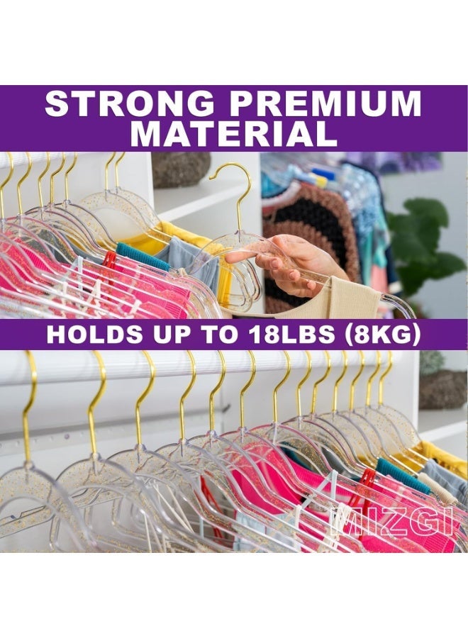 MIZGI Hangers 10 Pack Non-Velvet Plastic Hangers for Clothes, Heavy Duty Slim Coat Hanger -Space-Saving Hangers with Chrome Hook, Non-Flocked Hangers for Dresses Coats Shirts (Clear/Gold Glitter) - Image 2