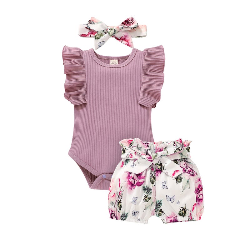 Tiny Cutey Baby Girl Clothes Infant Summer Outfits Set Ruffle Sleeve Romper and Floral Shorts with Headband (Sleeveless Purple, 80, 6_months) - Image 1
