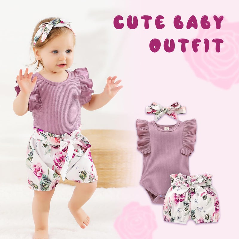 Tiny Cutey Baby Girl Clothes Infant Summer Outfits Set Ruffle Sleeve Romper and Floral Shorts with Headband (Sleeveless Purple, 80, 6_months) - Image 2