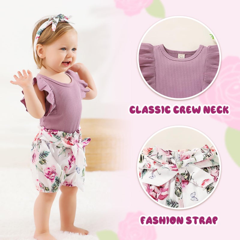 Tiny Cutey Baby Girl Clothes Infant Summer Outfits Set Ruffle Sleeve Romper and Floral Shorts with Headband (Sleeveless Purple, 80, 6_months) - Image 4
