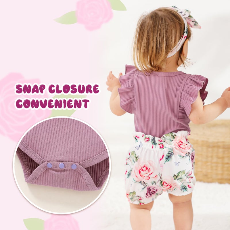 Tiny Cutey Baby Girl Clothes Infant Summer Outfits Set Ruffle Sleeve Romper and Floral Shorts with Headband (Sleeveless Purple, 80, 6_months) - Image 3