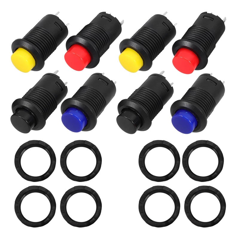 8pc Push Button Switch Set Metal Momentary SPST with Red Black Blue Yellow - Image 2