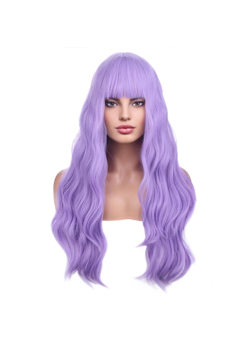 BERON - BERON 26 Inches Purple Wig Long Curly Wig with Bangs Synthetic Wig Women Girls Lavender Wigs with Wig Cap - Image 1