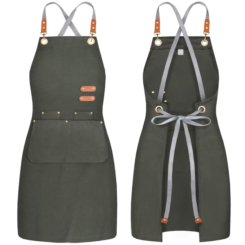 BeLuyi chef apron bib tool apron for man woman cross back straps with 4 pockets for kitchen cooking gardening baking working(green) - Image 1