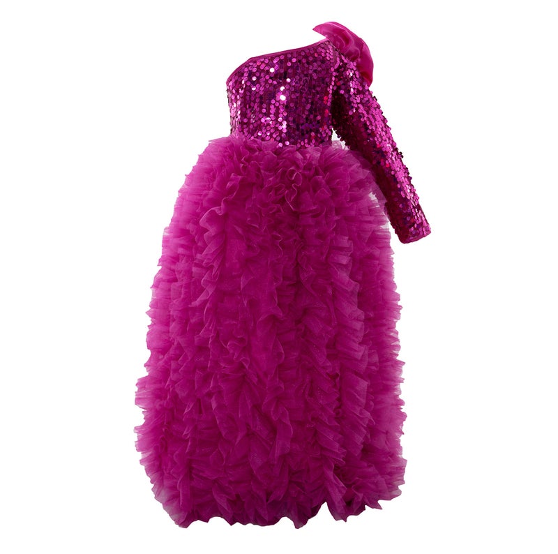 PINK WINGS Girls One Shoulder Maxi Gown | Designer Sequin & Ruffle Frock Dress for Kids, 7-8 Years | Magenta - Image 2