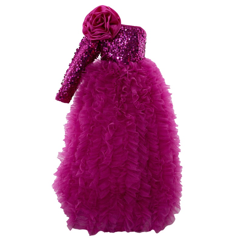 PINK WINGS Girls One Shoulder Maxi Gown | Designer Sequin & Ruffle Frock Dress for Kids, 7-8 Years | Magenta - Image 1