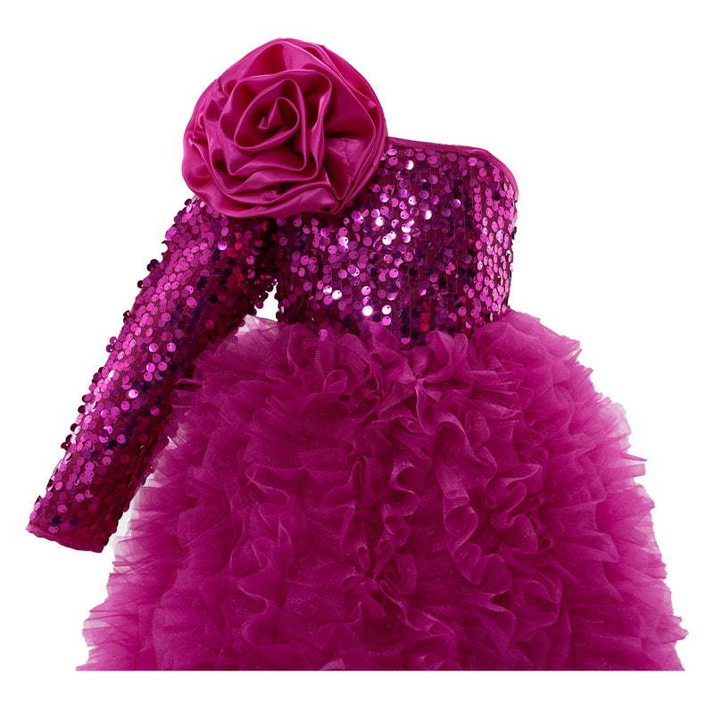 PINK WINGS Girls One Shoulder Maxi Gown | Designer Sequin & Ruffle Frock Dress for Kids, 7-8 Years | Magenta - Image 3