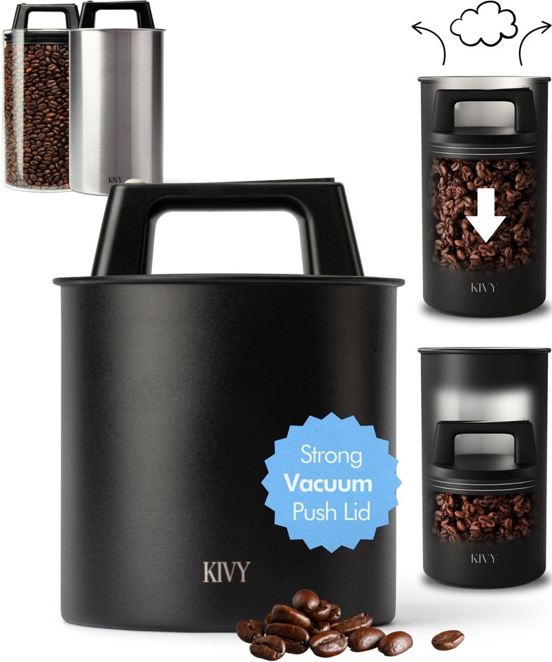 KIVY Vacuum Coffee Canister - Push Lid Preserves Aroma & Oil - Stainless Steel Airtight Container for Ground & Bean Storage - Removes Excess Air - Image 1