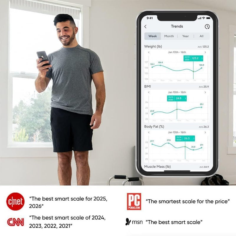 وايز سمارت سكيل إكس – ميزان رقمي للحمام يقيس الوزن، مؤشر كتلة الجسم (BMI)، نسبة الدهون في الجسم، كتلة العضلات، ومعدل ضربات القلب؛ يتم تزامن البيانات مع تطبيقات الصحة؛ يحلل تركيبة الجسم للأشخاص والأطفال والحيوانات الأليفة، يستوعب وزنًا يصل إلى 400 رطل (اللون البحري). - Image 2
