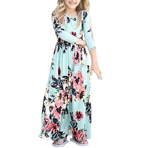YIJODM Girls Maxi Dress, Green-3/4 Sleeve, Floral Print, Ages 5-12 - Image 5