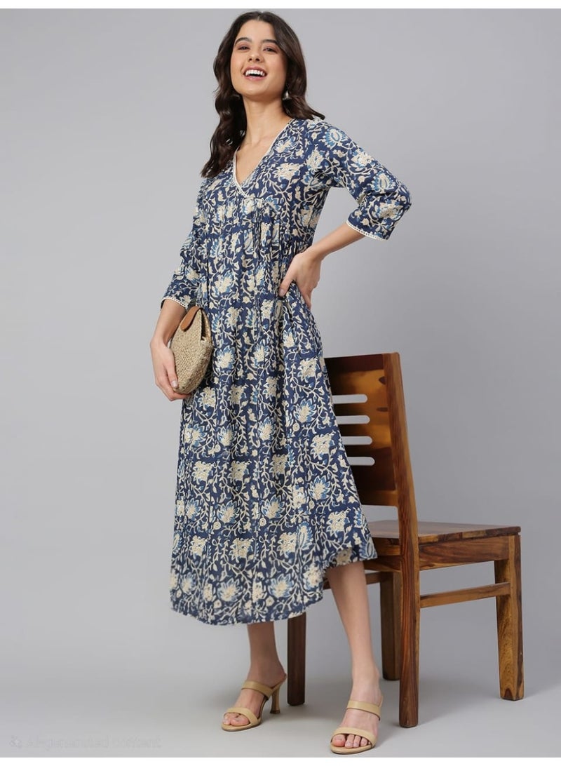 IndHeritage Premium cotton office / casual dress - Dark blue dress for women with  white floral prints - Image 5
