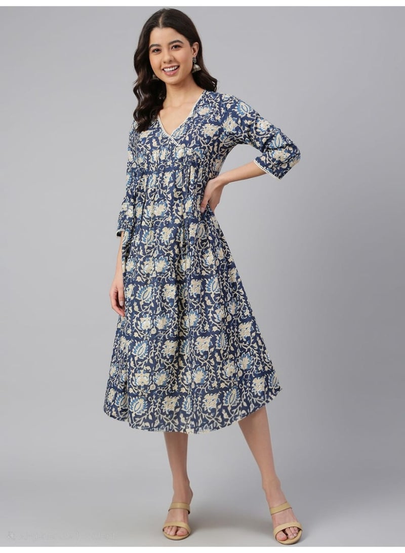 IndHeritage Premium cotton office / casual dress - Dark blue dress for women with  white floral prints - Image 1