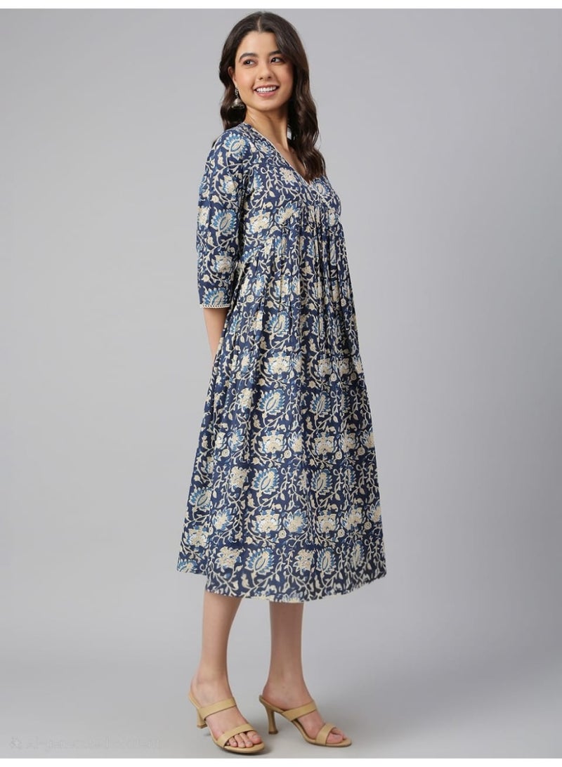 IndHeritage Premium cotton office / casual dress - Dark blue dress for women with  white floral prints - Image 3