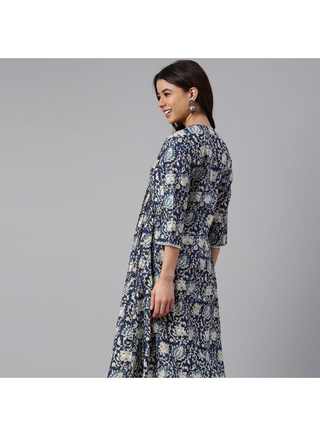 IndHeritage Premium cotton office / casual dress - Dark blue dress for women with  white floral prints - Image 4