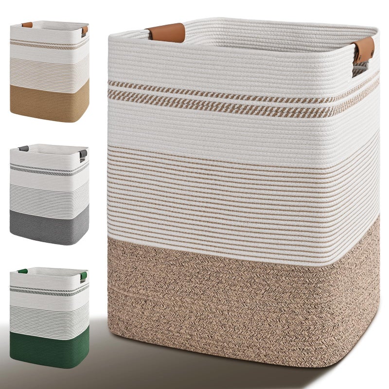 Degeyoyo Laundry Hamper, 85L Tall Laundry Basket with Leather Handles, Rectangle Large Clothes Hamper for Organizing, Cotton Woven Laundry Baskets Storage Hampers for Bedroom, Nursery, Living Room - Image 1