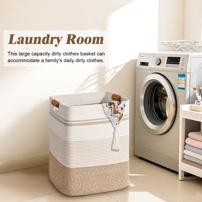 Degeyoyo Laundry Hamper, 85L Tall Laundry Basket with Leather Handles, Rectangle Large Clothes Hamper for Organizing, Cotton Woven Laundry Baskets Storage Hampers for Bedroom, Nursery, Living Room - Image 4