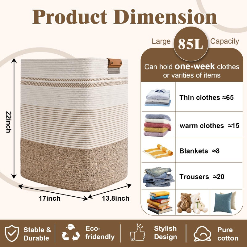 Degeyoyo Laundry Hamper, 85L Tall Laundry Basket with Leather Handles, Rectangle Large Clothes Hamper for Organizing, Cotton Woven Laundry Baskets Storage Hampers for Bedroom, Nursery, Living Room - Image 3