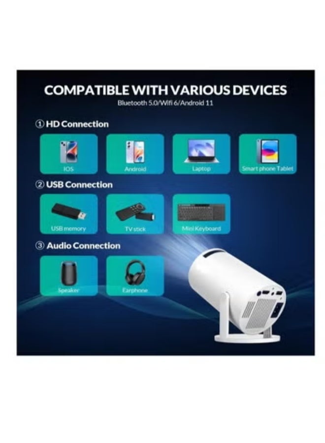 Mini Portable Ultra Bright Projector with Android 11.0, 200 ANSI Lumens, Short Focus, WiFi6 + BT5.0, Support 4K 1080P Decoding, Up to 150'' Screen, 180° Flip, HDMI & USB Compatible with iOS, Android, Laptops, TV Sticks, PS5, and other Devices for Outdoor Camping, Home Theater. - Image 3