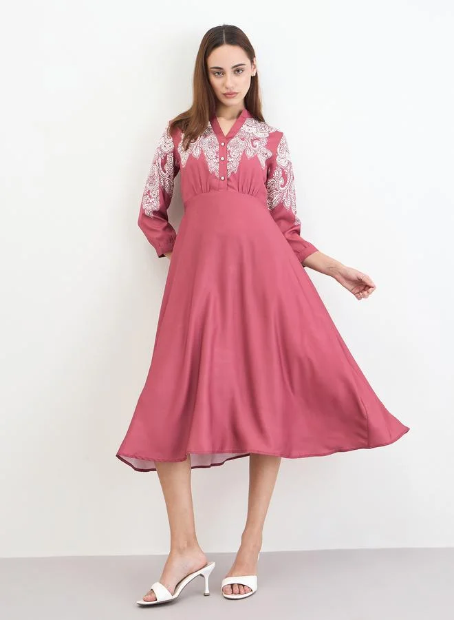 Styli Styli Pink Printed Buttoned Midi Dress