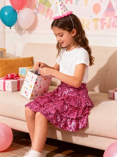 WELAKEN Sparkle Sequin Skirt for Girls Kids Elastic Waist Three Layer Ruffle Skirt - Image 3