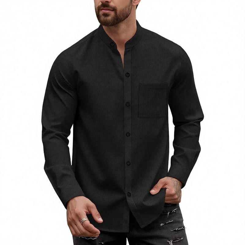 Men's Waffle Knit Cardigan Button Up Long Sleeve Casual Shirt - Image 2