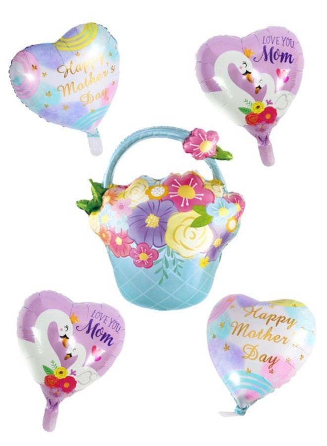 Happy Mothers Day and Decor Mothers Day Decorations for Party Set of 6 Multicolored Balloon, Flower, Heart and Basket Balloon (Blue) - Image 1