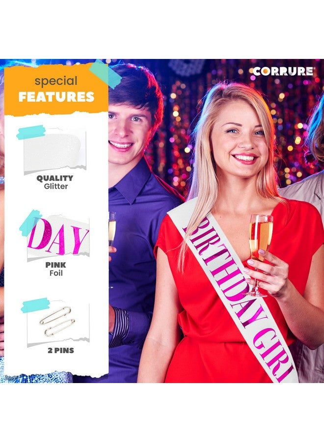 CORRURE 'Birthday Girl' Sash Glitter with Pink Foil - White Glitter Happy Birthday Sash for Women - Party Favors Supplies and Decorations for Sweet 16, 18th 21st 30th 40th or Any Bday Party - Image 4