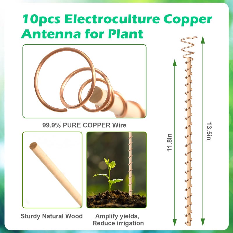Doksving 10pcs Electroculture Plant Stakes, 13.5''/17" Available Copper Coil Wire Antennas Garden Stakes, Tensor Rings Kit, Copper Rods Electronic Planting for Growing Vegetable Garden Plants Support - Image 2