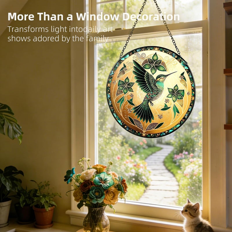 OnBrand Stained Glass Window Hanging, Hummingbird Stained Glass Sun Catcher 7.8", UV Printed Diamond Glass Suncatcher with Metal Chain, Home Decor Mother's Day Birthday Gifts for Women Men Mom - Image 4
