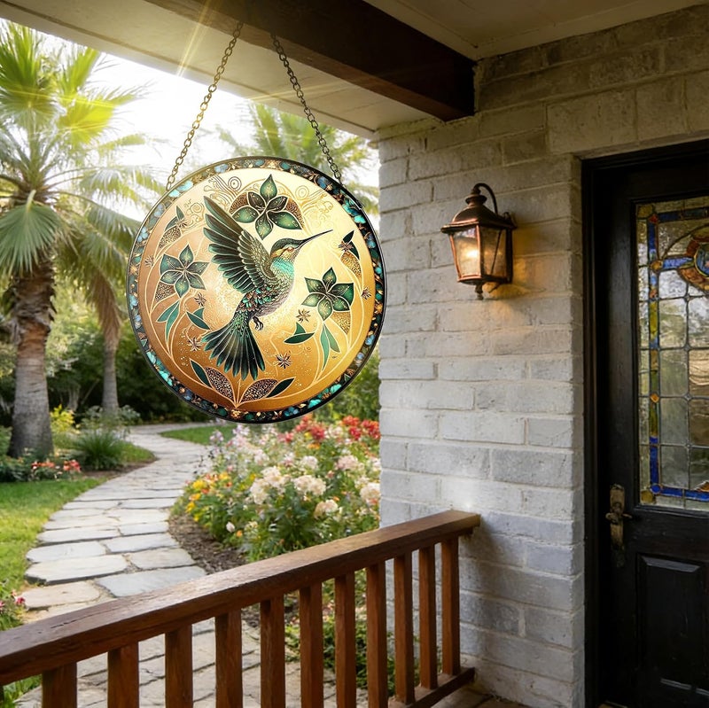 OnBrand Stained Glass Window Hanging, Hummingbird Stained Glass Sun Catcher 7.8", UV Printed Diamond Glass Suncatcher with Metal Chain, Home Decor Mother's Day Birthday Gifts for Women Men Mom - Image 2